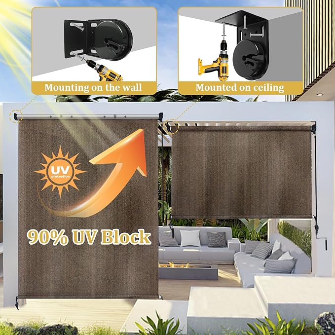 Shade&Beyond Outdoor Roller Shades with Splicing Design, 5' W x 8' H Cordless Patio Roll Up Blinds, Exterior Shade Cloth Roll for Porch, Gazebo, Pergola, Balcony, Mocha