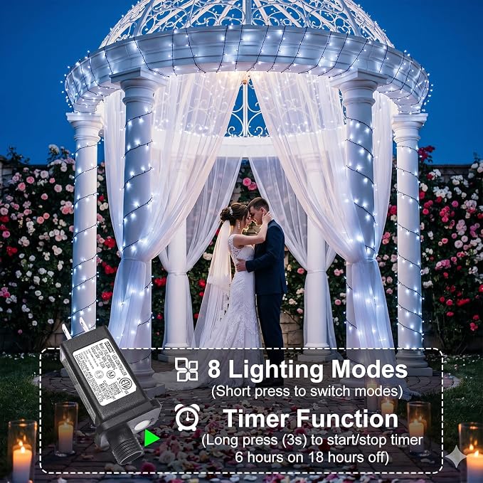 2 Pack Christmas Lights Outdoor, Total 200FT 600LED Christmas Tree Lights Indoor with 8 Modes Waterproof, Green Wire String lights for Outside House Patio Yard Party Holiday Decorations, Cool White