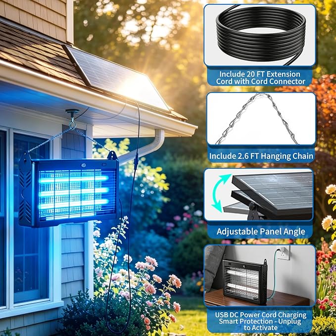Solar Bug Zapper Outdoor Cordless, 9600mAh Battery | 365-395nm UV Light, IPX5 Waterproof, Dusk-to-Dawn Sensor, 1 Acre Coverage, Black, for Outdoor Indoor Use (20inch)