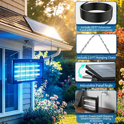 Solar Bug Zapper Outdoor Cordless, 9600mAh Battery | 365-395nm UV Light, IPX5 Waterproof, Dusk-to-Dawn Sensor, 1 Acre Coverage, Black, for Outdoor Indoor Use (20inch)