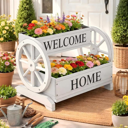 24" White 2-Tier Wooden Flower Cart Wagon Planter with Wheels | Whitewashed wood planter with 2 tiers, drainage holes, liner, wagon wheels, and WELCOME HOME detail for porch or patio