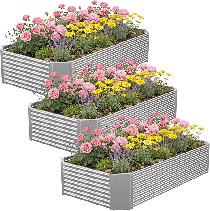 3 Pcs 4 x 2 FT Galvanized Steel Raised Garden Bed for Outdoor Gardening, Durable Metal Planter Box for Vegetables, Herbs, and Flowers, Easy Assembly & Rust Resistant