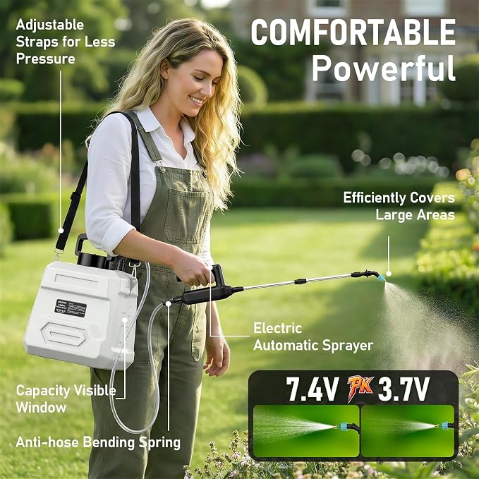 Weed Sprayer 2 Gallon, 7.4V Battery Powered Sprayer, Weed Killer Sprayers with 5 Mist Nozzles,Rechargeable Handle,Retractable Wand and Adjustable Strap for Garden, Yard,Lawn