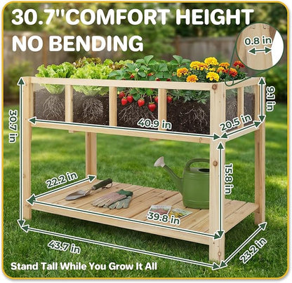 Raised Garden Bed Outdoor with Shelf, 43.7''x23.2''x30.7''Wood Planter Box with Transparent Window, Drainage Holes, Liner, Garden Beds Flower Stand for Balcony Kitchen, Gift for Gardening