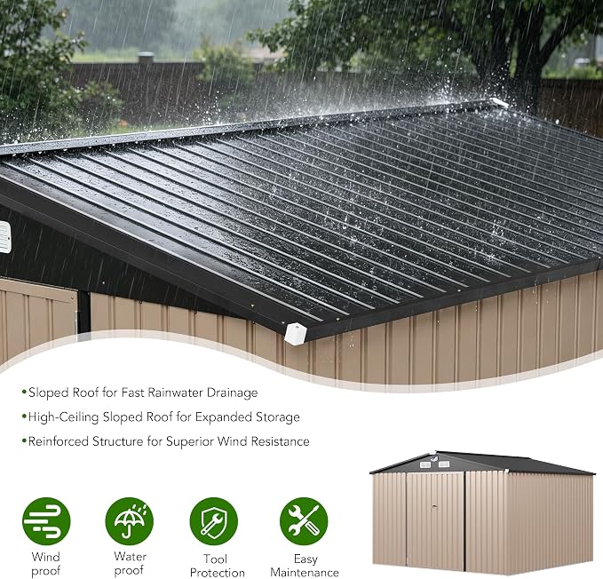 MXV 10 x 8FT Outdoor Storage Shed, Metal Garden Shed with Windows, Double Lockable Doors & Sloped Roof, Magnetic Solar Lamp, Waterproof Tool Sheds for Backyard Garden Patio Lawn, Brown