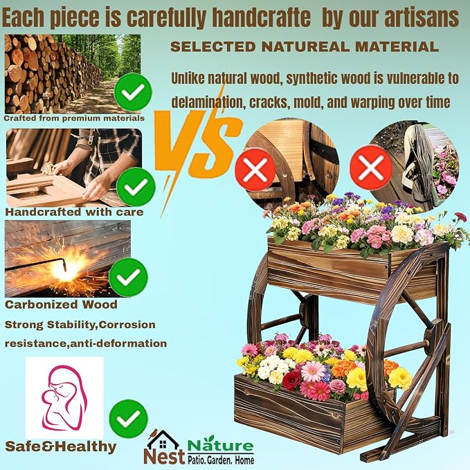 NestNature Wooden Wagon Planter Box|Rustic Planter Use On Indoor&Outdoor | 2-Tier Medium Solid Wood Planter-Flower Pot Use On Patio,Porch,Garden-Raised Garden Bed For Succulents, Herbs, Vegetables