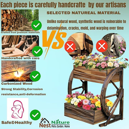 NestNature Wooden Wagon Planter Box|Rustic Planter Use On Indoor&Outdoor | 2-Tier Medium Solid Wood Planter-Flower Pot Use On Patio,Porch,Garden-Raised Garden Bed For Succulents, Herbs, Vegetables