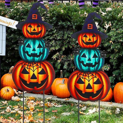 Halloween Yard Stakes Large 39.3" with Stackable Pumpkins and Scary Spiders, Metal Halloween Yard Decorations for Garden, Lawn, Patio, Outdoor Decor with Witch Hat