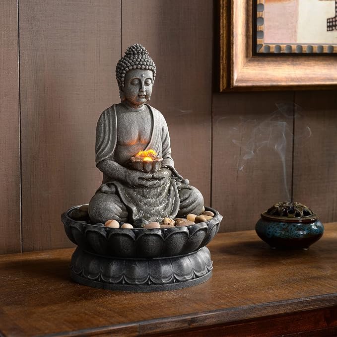 GOSSI 11.2 Inch Tall Indoor Tabletop Buddha Fountain with Reflective Lighting and Cobblestone Base, Zen Desk Water Fountain for Office and Home Decor