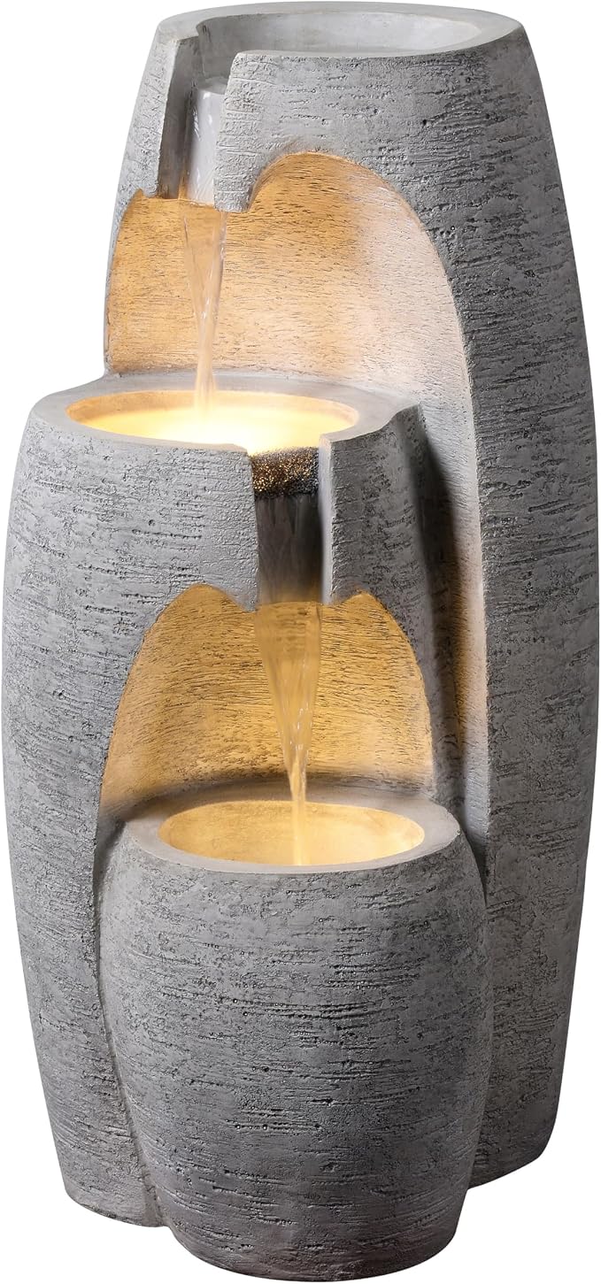 Teamson Home 3-Tier Cascading Urn Outdoor Water Fountain, Gray | Warm Glow Lighting, Adjustable Flow, Electric Pump