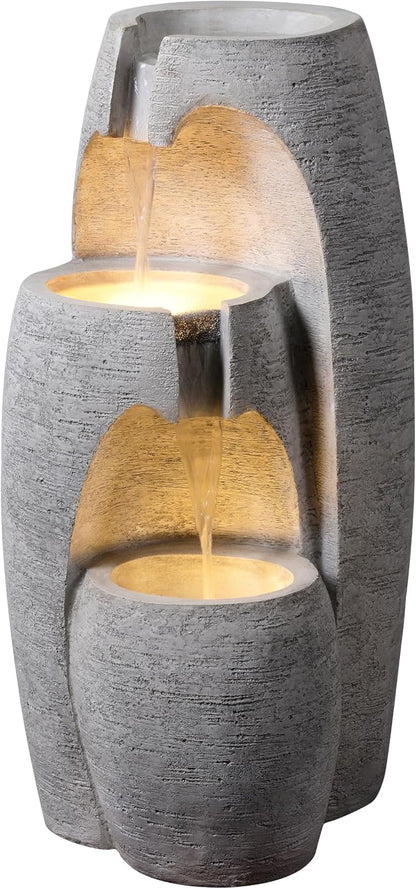 Teamson Home 3-Tier Cascading Urn Outdoor Water Fountain, Gray | Warm Glow Lighting, Adjustable Flow, Electric Pump