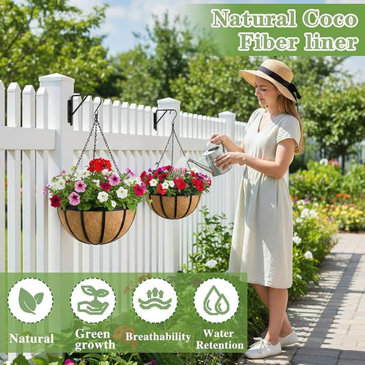 Black Flat Iron Metal Hanging Planter Basket with Coco Coir Liner(4 Pack, 12 Inch) Hanging Planters for Outdoor Plants Round Plant Flower Pots Hanging Flower Basket for Outdoor Patio Garden Decoration