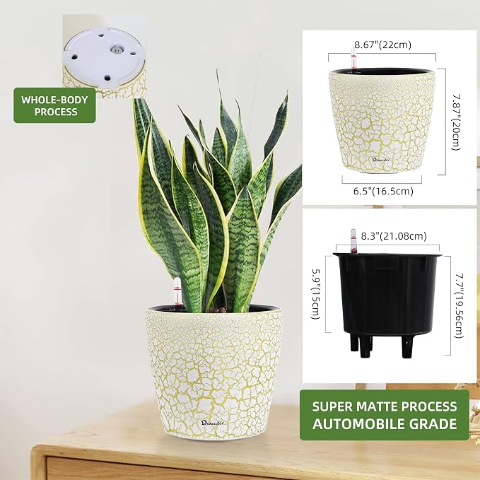 Dexceder 9x8 Self Watering Planter (White Gold Crackle) | Inner Pot Design, Thickened Table Flower Plant Pot with Water Level Indicator Indoor Outdoor
