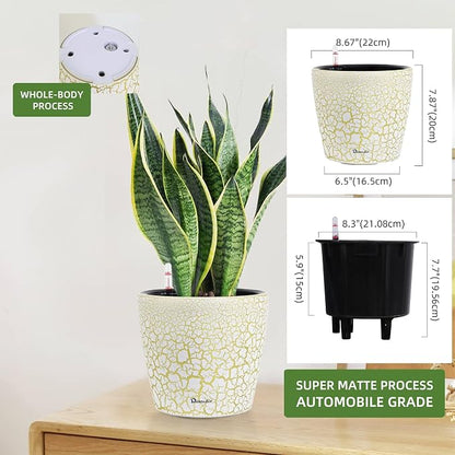 Dexceder 9x8 Self Watering Planter (White Gold Crackle) | Inner Pot Design, Thickened Table Flower Plant Pot with Water Level Indicator Indoor Outdoor