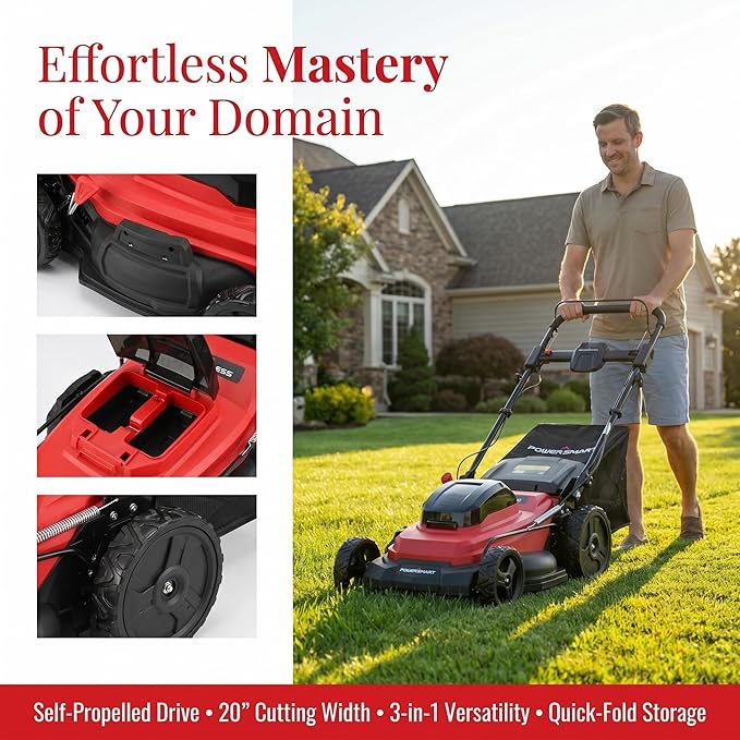 20" Self Propelled Cordless Lawn Mower,40V 2x4.0 Ah Battery Lawn Mower with Dual Battery Slots & Steel Deck, 3-in-1 Walk-Behind Mower (Bagging/Mulching), Space Saving Foldable