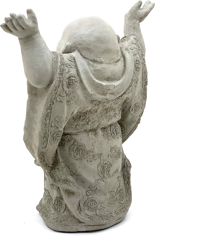 Super Happy Buddha Statue: Solid Durable Stone Statue w/Distressed Texture. Perfect Home Design & Sealed for Outdoor Use. Handcrafted USA. (Antique/Gray)