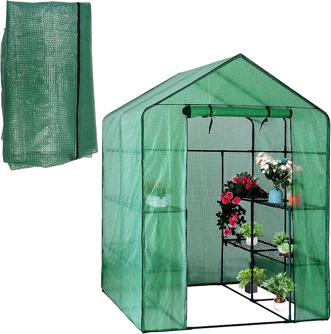 Walk-in Greenhouse Replacement Cover with Roll-Up Zipper Door, 56×56×76 inch PE Greenhouse Cover Protect Outdoor Gardening Plants from Cold Frost，Waterproof and UV Resistant(Frame Not Include)
