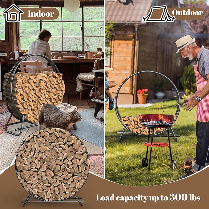 48 IN Firewood Circle Rack-Metal Pipe Ring Firewood Holder Outdoor / Indoor | Sturdy & Durable,Aesthetic Appearance and Space-Saving Design for Fireplace,Campfire or Backyard Storage,4 FT Diameter Circle