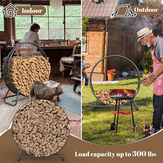 48 IN Firewood Circle Rack-Metal Pipe Ring Firewood Holder Outdoor / Indoor | Sturdy & Durable,Aesthetic Appearance and Space-Saving Design for Fireplace,Campfire or Backyard Storage,4 FT Diameter Circle