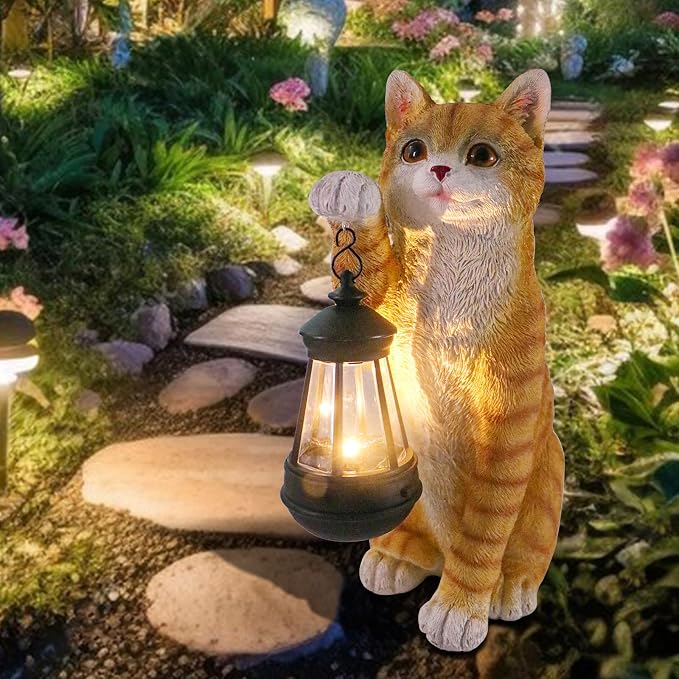 WONDER GARDEN Solar Cat Garden Statue - Outdoor Cat Statues, Orange Cat Figurines with Solar Lantern Light for Patio, Yard, Lawn, Gardening Gifts for Women and Mom(11" Orange Cat)