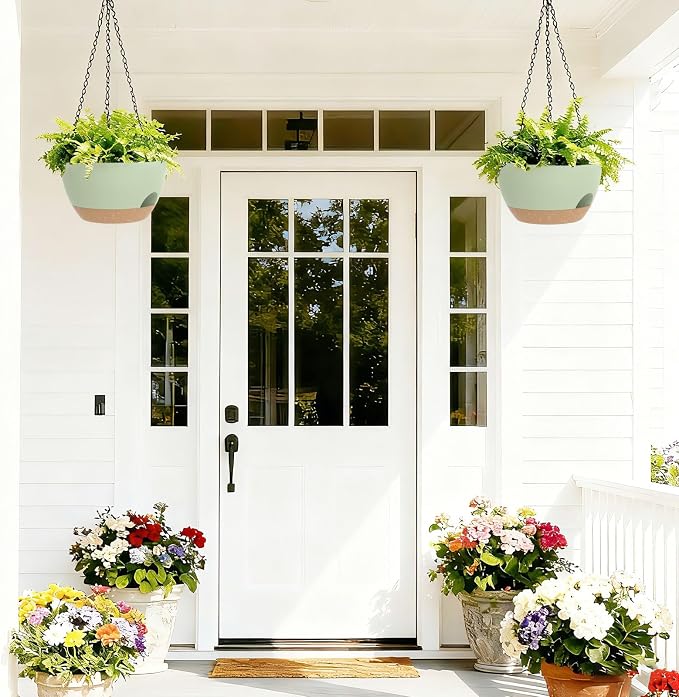 8 Inch Hanging Planters for Indoor Outdoor Plants, 4 Pack Green Brown Plastic Self Watering Hanging Baskets with Drainage Holes and Chain for Garden Porch