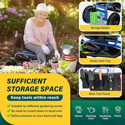 Baotree Garden Seat with Wheels, Rolling Garden Stool with Adjustable 360°Swivel Seat, Storage Basket & Extendable Handle, Outdoor Gardening Scooter, Garden Cart Workseat Stools for Seniors