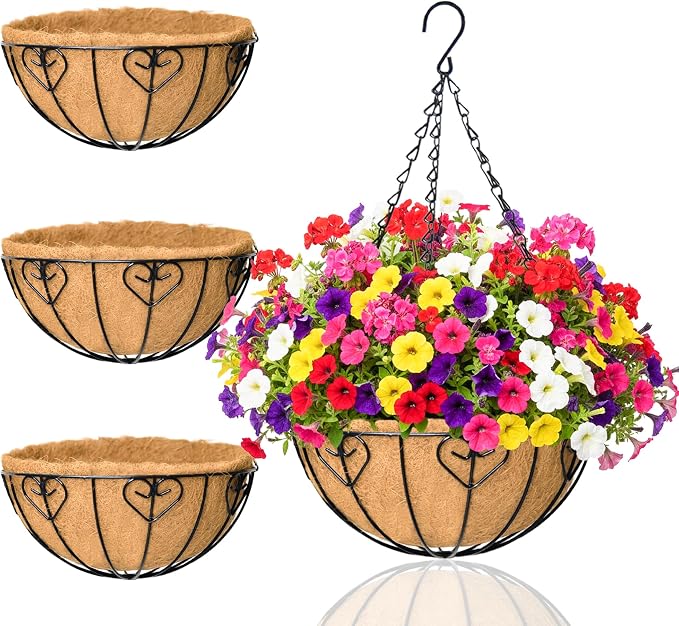 Hanging Planters for Outdoor Plants 4 Pack 12 inch Metal Hanging Flower Basket with Coco Coir Liner Wire Plant Holder Watering Flower Baskets Pot Hanger Garden Decoration for Indoor Outdoor(AXL)