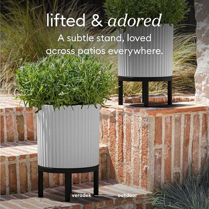 Veradek Demi Series Round Planter w/ Stand for Porch/Patio | Durable Plastic-Concrete & Wooden Stand | Modern Décor for Tall Plants, Flowers
