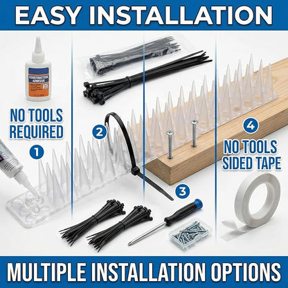 Bird & Animal Deterrent Spikes, 60 Packs Outdoor Plastic Spike Strips for Roof, Ledges, Fence, Walls & Railing, Humane Squirrel, Raccoon & Pigeon Barrier, 60 FT Coverage, White