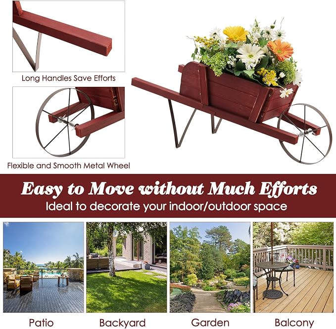 S AFSTAR Wood Wheelbarrow Planter, Flower Plant Pot Wheelbarrow Cart w/Metal Wheel & 9 Replaceable Magnet Accessories, Wooden Wagon Planter Wheelbarrow Decor for Outdoor Garden Backyard (Red)