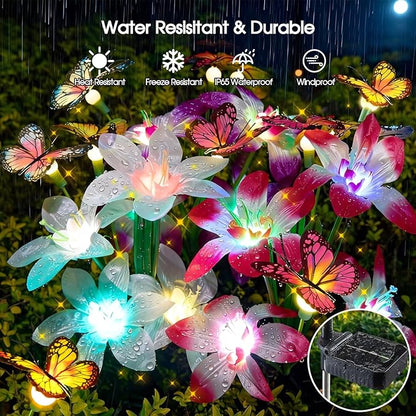 Garpar Solar Flower Lights Outdoor 4 Pack, 16 Lilies and 12 Butterflies | 800mAh Battery, Brighter LED, IP65 Waterproof, Color Changing, Perfect for Yard, Lawn, Pathway, Gift for Mom, Women, Grandma