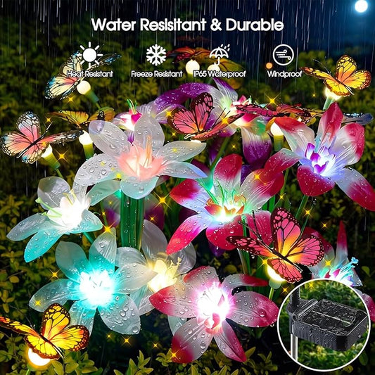 Garpar Solar Flower Lights Outdoor 4 Pack, 16 Lilies and 12 Butterflies | 800mAh Battery, Brighter LED, IP65 Waterproof, Color Changing, Perfect for Yard, Lawn, Pathway, Gift for Mom, Women, Grandma