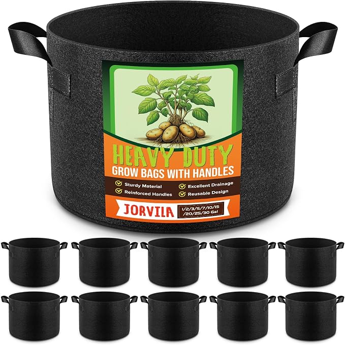 Jorvila 10 Pack 15 Gallon Grow Bags, Thickened Nonwoven Fabric Planter Pots with Handles, Heavy Duty 300G Garden Pots for Tomato, Potato and Vegetable