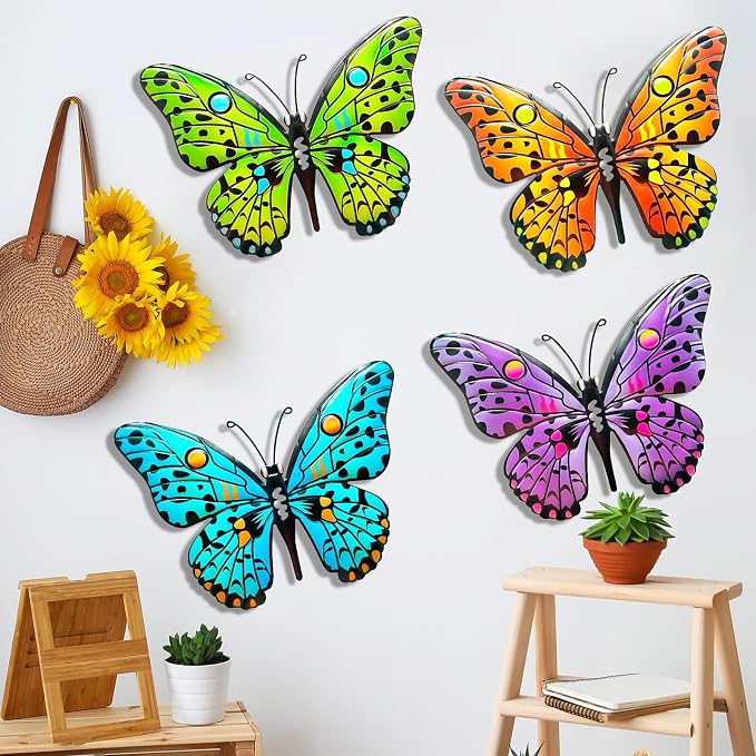 MACLARONX 4 PCS Metal Butterfly 9.6" Butterflies Outdoor Fence Yard Art Wall Decor Hanging Decorations for Garden Living Room Bedroom Patio Balcony Gift for Family Friends Housewarming
