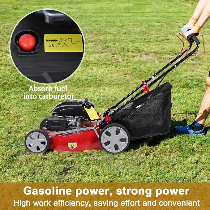 Self Propelled Gas Lawn Mower, 141cc 4-Stroke Engine with 20 Inch Deck & 50L Grass Bag, Walk Behind Lawn Mower, 7 Height Adjustments & Foldable Handle for Home Yard Red