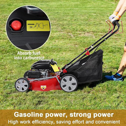 Self Propelled Gas Lawn Mower, 141cc 4-Stroke Engine with 20 Inch Deck & 50L Grass Bag, Walk Behind Lawn Mower, 7 Height Adjustments & Foldable Handle for Home Yard Red