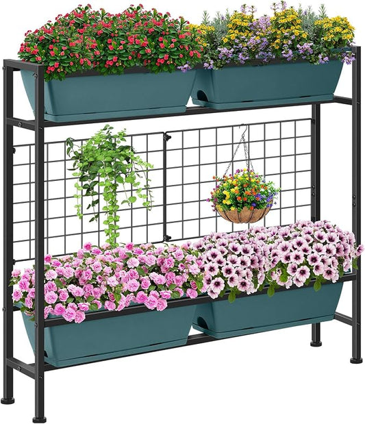 CADUKE Raised Planter Box with Legs, 32" Elevated Vegetable Garden Beds, Raised Garden Bed with Drainage Holes & Trellis, Herb Garden Planter Outdoor for Vegetables, Balcony, Patio, Green