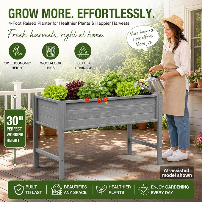 YEFU 48" Raised Garden Bed with Legs, HIPS Outdoor Garden Bed, Grey | Raised Garden Bed with Legs for Patios & Decks, 30" Height, Wood-Look HIPS, Drainage, 385 lbs Support for Vegetables & Herbs