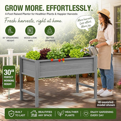 YEFU 48" Raised Garden Bed with Legs, HIPS Outdoor Garden Bed, Grey | Raised Garden Bed with Legs for Patios & Decks, 30" Height, Wood-Look HIPS, Drainage, 385 lbs Support for Vegetables & Herbs