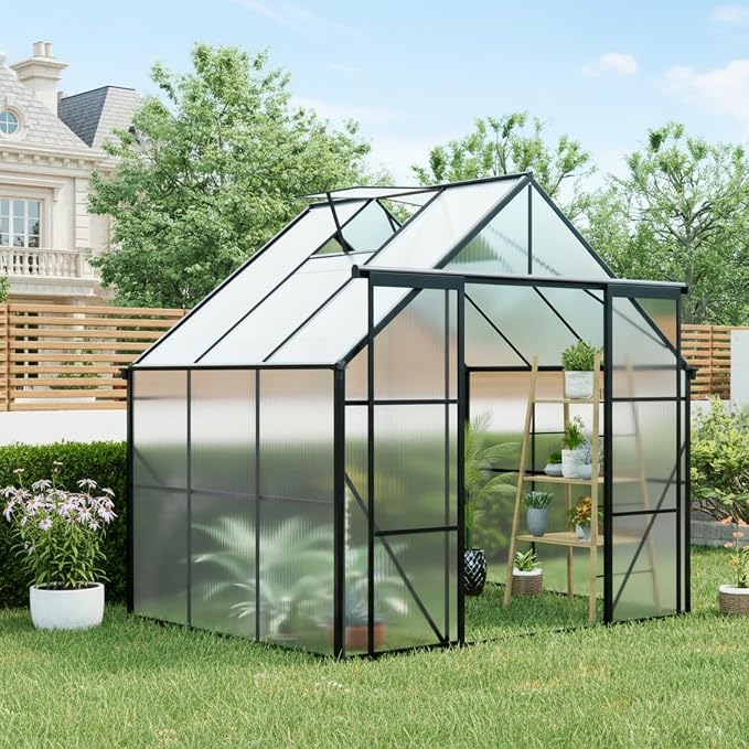 8x6 FT Greenhouse, Walk-in Polycarbonate Greenhouses with Double Sliding Doors, Aluminum Frame, Adjustable Roof Vent, Raised Base & Anchor, Outdoor Backyard Greenhouse for All Seasons, Black