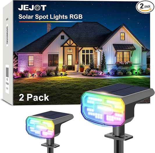JEJOT Color Changing Solar Spot Lights Outdoor Waterproof IP65,8 Lighting Modes Multicolor RGB Christmas Spotlight for Porches Yard Gardens Landscape Deconrations-2 Pack
