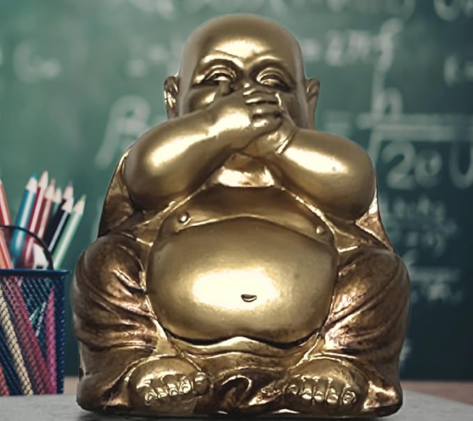 Bellaa Laughing Buddha Set of 3, Hear-No, See-No, Speak-No Evil, Happy Hotei Feng Shui Statue for Money Wealth Zen Chinese Buddhist Monk Budai Luck Happiness Gold 26058