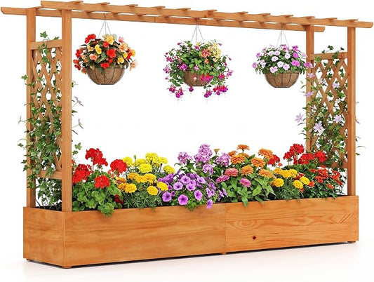 Giantex Raised Garden Bed with Trellis & Hanging Roof, Wood Planter Box with Bottom and Drainage Holes, Freestanding Garden Planter for Flower Vegetable Fruit Herb Climbing Vines (79" x 17.5" x 45")