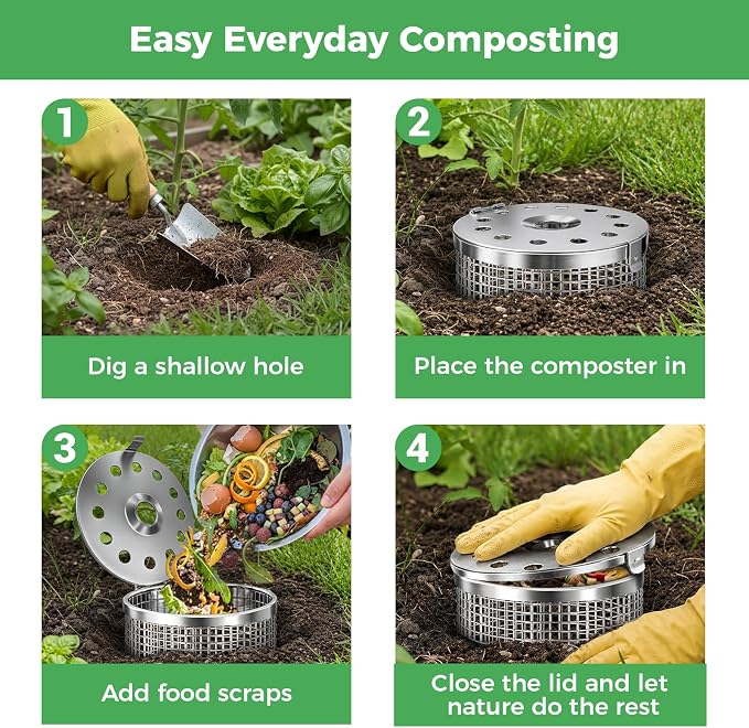 Worm Composter Worm Bin, Stainless Steel In Ground Compost Bin with Quick-Open Lid, Metal Worm Tower Composting System for Garden Beds, Underground Worm Farm, Outdoor Garden Vermicomposting Bin