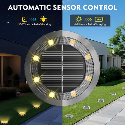 Solar Ground Lights Outdoor, 8 Pack Solar Lights Outdoor Waterproof, Mini Flat Solar-Powered Garden Light, Landscape Lighting for Garden Yard Lawn Pathway Walkway Driveway Backyard Decor, Warm White