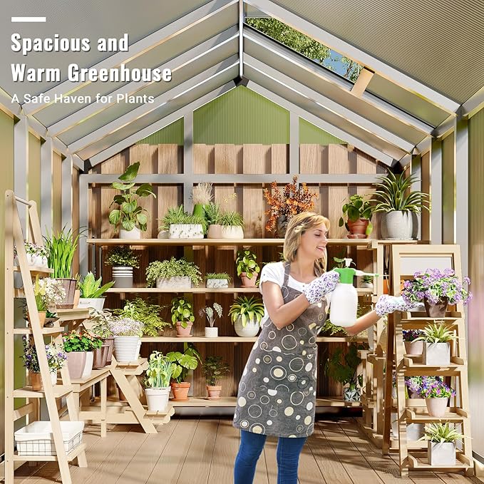 Greenhouse, 6x8 Ft Outdoor Greenhouses, Accessible Green House with Roof Vents and Sliding Doors, Aluminum Frame Polycarbonate Greenhouses, Large Greenhouse for Outdoor Gardens and Backyards, Silver
