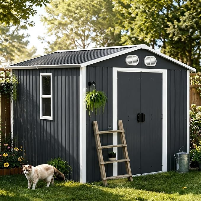 KEIKI 8x6 FT Outdoor Storage Shed, Heavy Duty Metal Garden Shed with Lockable Sliding Doors, Air Vents & Sloped Roof, Waterproof Backyard Tool Shed for Lawn Equipment, Patio Furniture, Dark Gray