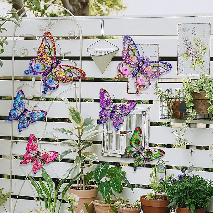 SUNREEK 6Pcs Metal Butterfly Wall Decor, 14Inch/9Inch Outdoor Butterfly Wall Art for Fence Garden Yard Room Patio Balcony Decorations