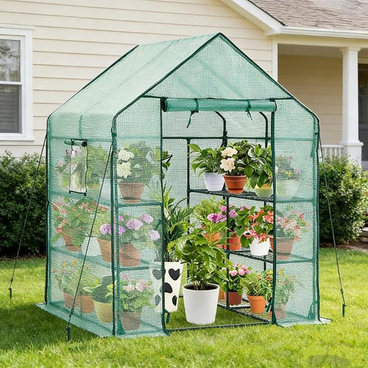 Walk-in Greenhouse with 12 Shelves, 74 x 37 x 49 inch Portable Greenhouse Kit with PVC Cover, Indoor Outdoor Green House for Seed Starting, Plants, Patio, Backyard, Clear Panels, Green