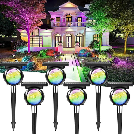 Focusing Solar Spot Lights Outdoor Waterproof, RGB+3CCT Tree Uplights 6Pack | Multicolor Focused Lens Spotlight, Dusk-to-dawn Light, Stake or Wall Mounting for Yard Landscape Garden Path Halloween Decor